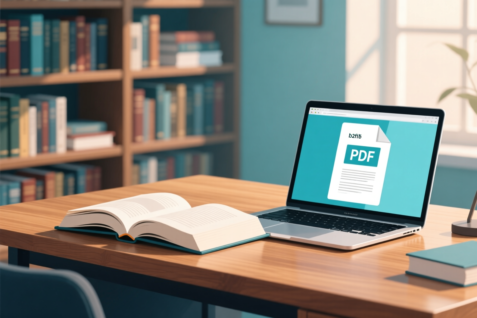 تصویر کتاب&zwnj;های درسی باز روی میز همراه با لپ&zwnj;تاپ که صفحه&zwnj;ای از نسخه PDF کتاب را نمایش می&zwnj;دهد.