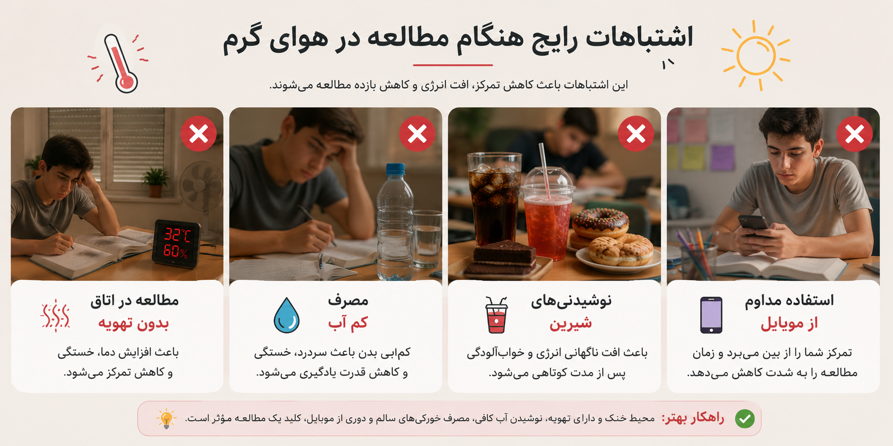 اشتباهات رایج مطالعه در هوای گرم